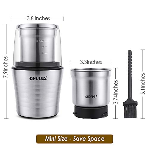 CHULUX Electric Stainless Steel Coffee Spice Grinder,70g Capacity Detachable Grinding and Chopping Cups with Built-in SS304 Blades for Dry/Moist Food,Plus a Cleaning Brush