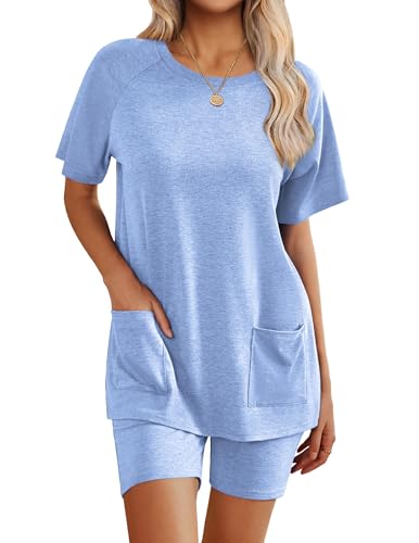 Image of Ekouaer Two Piece Sets for Women Summer Outfits 2026 Lounge Set Crew Neck Tshirts Biker Short Sweatsuit with Pocket