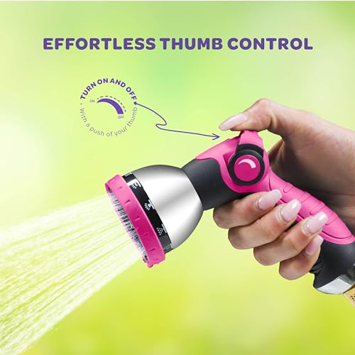 Image of Hose Nozzle [Pink] Heavy Duty Hose Sprayer With 10 Adjustable Watering Patterns. Thumb Control Design, Comfortable Ergonomic Grip, Garden Hose Nozzle for Watering Plants & Lawns /Fun showers /Cleaning