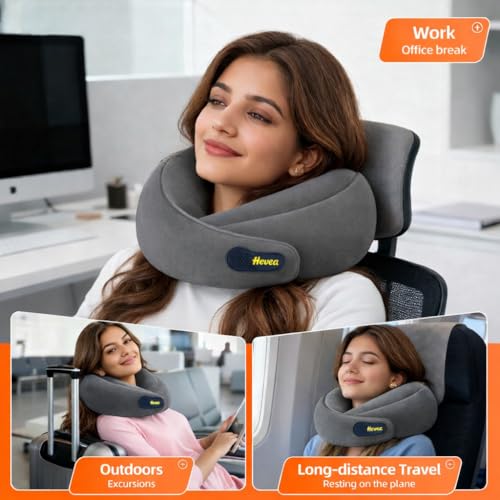 Image of HEVEA Travel Neck Pillow with Eye Mask,100% Memory Foam & 360 Degree Neck Support Pillow for Flight, Car, Bus,Train Travel, Adjustable Velcro, Washable Velvet Cover, Free Travel Pouch..(Gray)