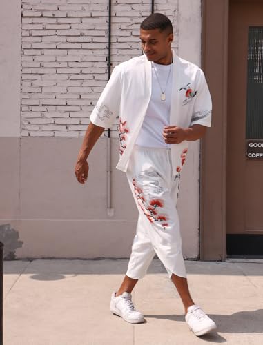 Men's Japanese Kimono Set Chinese Style Printed Open Front Cardigan and Pants Stylish Loose Casual Coat Suits3