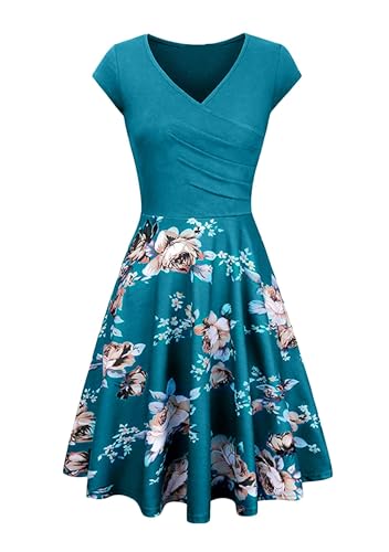 Yming Frauen Elegantes Sommerkleid Blumen Knielang Sexy Skater Kleid Blumen/Türkis M
