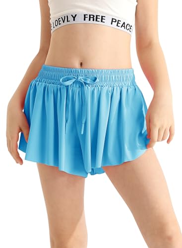 Alakuoti Short atlético feminino rodado com cordão de bolso 2 em 1 saia borboleta de secagem rápida