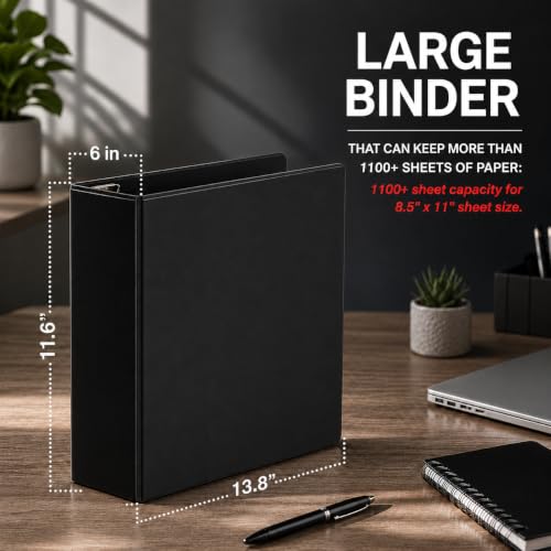Image of 2 Pack 6 Inch 3 Ring Binder, Heavy Duty Locking D-Ring, Holds 1100+ Sheets | Fits 8.5 x 11 Inch Paper, Non-Stick Clear View Cover, Customizable Spine, PVC-Free, with Pockets, Black - Performore