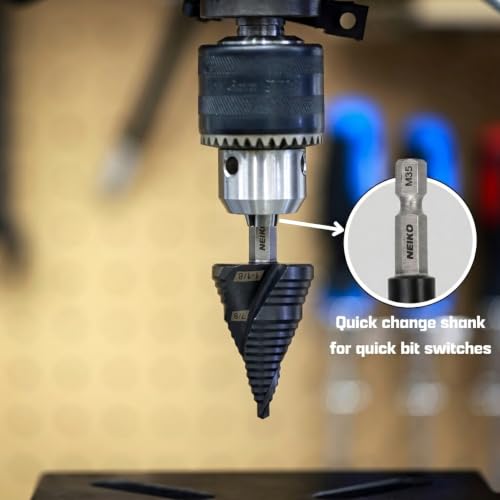 Image of NEIKO 10629B Step Drill Bit, 2 Steps 7 /8 inch to 1-1 /8 inch Spiral M35 Cobalt, AlTiSiN Coated, 1 /4 inch Quick Change Step Bits for Steel, Metal, Wood, Plastic, Unibit Cone Drill Bits, Two Flute