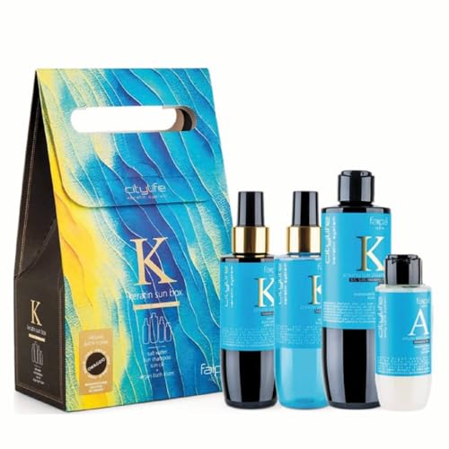 Faipa Citylife Keratin Sun Box con aceite solar, champú regenerador after sun, loción de agua de sal, de regalo un gel de ducha delicado, protege tu cabello en verano de la salinidad y del sol