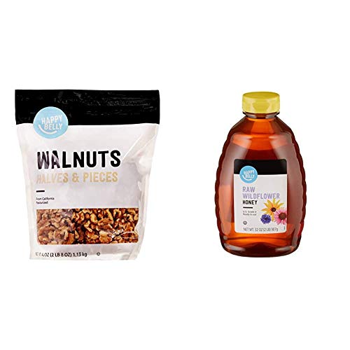 Amazon Brand - Happy Belly California Walnuts, Halves and Pieces, 40 Ounce & Happy Belly Raw Wildflower Honey, 32 oz (Previously Solimo) (Packaging May Vary)
