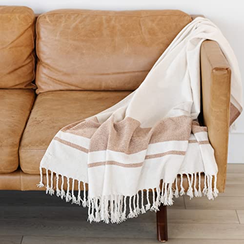Graced Soft Luxuries Chenille Fringe Throw Blanket For Couch | 50" X 60" Soft, Textured, Fluffy, Warm, Cozy Striped Boho Blanket | Decorative Yet Buttery Soft (Camel Stripe) #TOP1