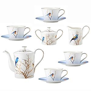 15 Pieces Porcelain Tea Set Ceramic Flower and Bird British Afternoon Tea Set Coffee Tea Cup with Saucer Sugar Bowl Cream Jar Pitcher Coffee Spoons Gift Box