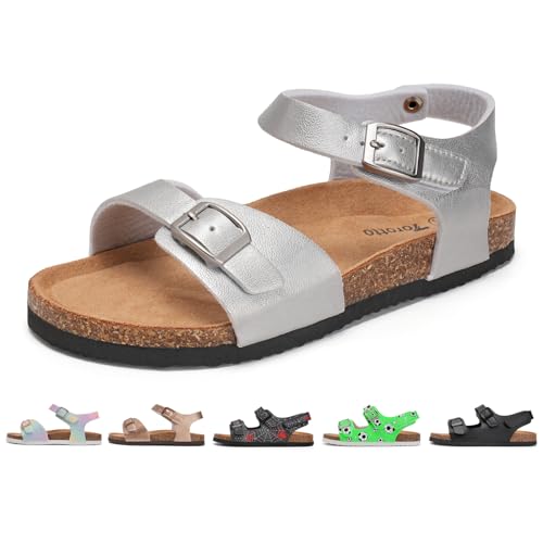 Torotto Kinder Sandalen Mit Kork Sandaletten Jungen Mädchen Strandsandalen Riemen Verstellbare Schnalle Rutschfeste mit Klettverschluss Riemchensandalen für Drinnen und Draußen(Silber 33EU)