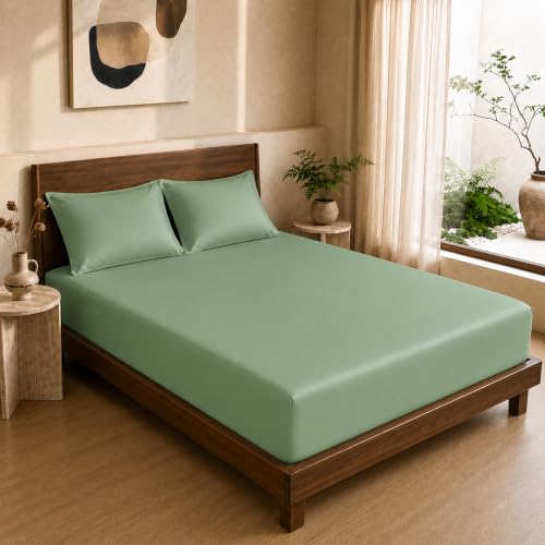 Image of HOMEMONDE 100% Bamboo King Size Fitted Bedsheet with 2 Pillow Covers | 300 TC Luxury Cooling Elastic Fitted Sheet | Ultra Soft, Breathable & Moisture Wicking | (Sage Green, 78x72 Inches)