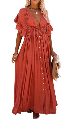 R.Vivimos Maxi Dresses for Women 2025 Summer Short Sleeve V Neck Drawstring Tie Boho Loose Flowy Long Dresses with Pockets