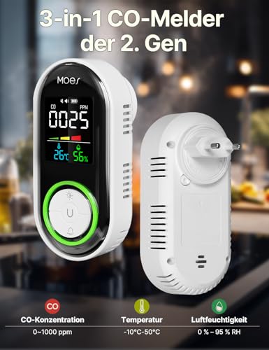 MOES Kohlenmonoxid Melder für Steckdose mit 1000mAh Akku, 3-in-1 CO Melder mit Akustischem 85dB Alarm, Temperatur & Luftfeuchtigkeit Display, CO Warngerät für Zuhause, Reise und Wohnmobil