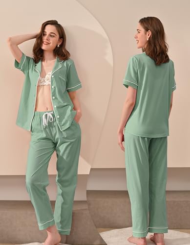 Image of NAP BOUND 100% Cotton Women's Pajama Sets Short Sleeve Button Down Soft Pjs 2 Piece Lounge Set with Pocket Nightwear XS-XXL