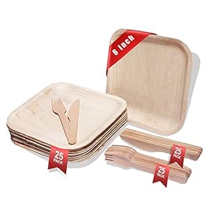 Bamboo Plates Disposable with cutlery (25 Forks & 25 Knives) – 8″ Eco Friendly Palm leaf plates, 100% Biodegradable & Compostable Party Plates (8 Inch) better than plastic and paper plate