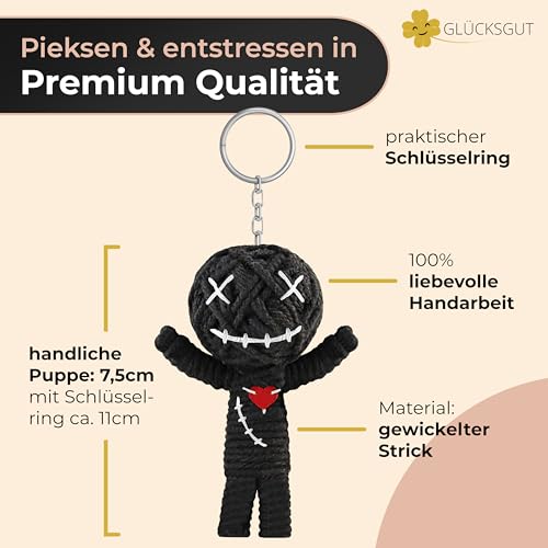 GLÜCKSGUT® Voodoo Puppe mit Nadeln | 7,5cm | Geschenkbox & Anleitung | Scherz-Medikament | Büro Geschenk für Kollegen Kollegin Chef | Anti Stress | Abschied | Büro Uni Studium