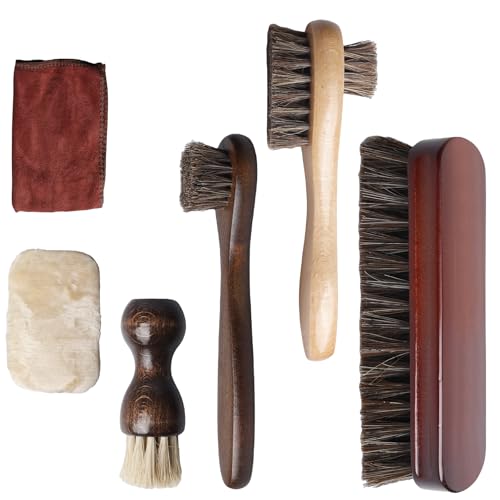 PRITOK 6 Pack Shoe Brush Set: Leather Boots Brush Polish Brushes Kit Include 4 Pcs Horsehair Brushes, Shoes Buffing Cloth Glove and Buffing Cloth, Shoe and Boot Cleaning Brushes for Boots, Shoes