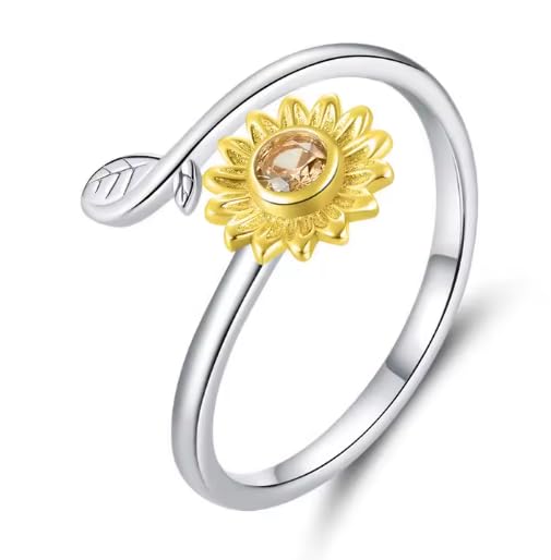 Bague tournesol en argent 925 ajustable avec cristaux pour femme