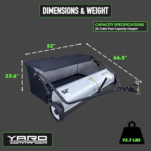 Yard Commander - 52-Inch Tow-Behind Lawn Sweeper, 10\" Nylon Brushes, Universal Tractor/ATV Hitch, Never-Flat Wheels, Adjustable Height, 1-Year Warranty, Ideal for Leaves, Grass & Debris - Thumbnail 4