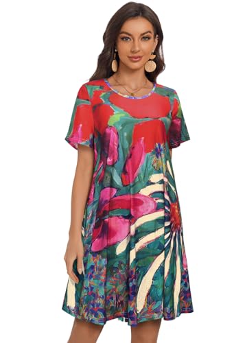 Image of My Sky Summer Dresses for Women 2026 Casual Short Sleeves Tshirt Flowy Beach Plus Size Sundress with Pockets