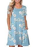 CHERFLY Women's Summer T Shirt Dresses Casual Beach Short Sleeve Swing Pockets Dresses (Light Blue,L