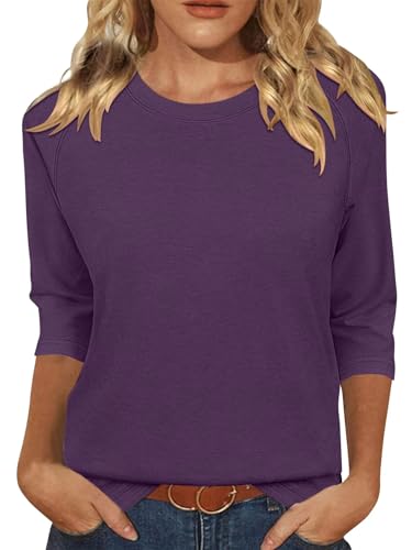 KISSMODA Tunic Tops for Women Loose Fit Dressy Round Neck Pleated 3/4 Length Sleeve Spring Tops