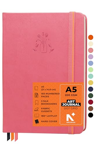 Image of NEORAH - A5 - ART JOURNAL | 200 Gsm Dotgrid Notebook | 160 Pages(21.0 x 14.8 cm)| Hard Cover| 3 Bookmarks | Elastic Closure|Back Pocket | Ideal - Bujo,Drawing & Painting, Junk Journal (Pink)