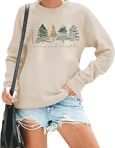 Women's Merry and Bright Christmas Trees Sweatshirts Funny Xmas Graphic Long Sleeve Holiday Pullover Family Matching Winter Sweaters(S,G-apricot)