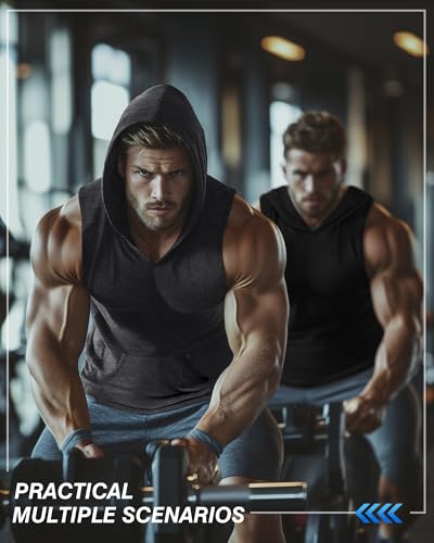 3 Pack Men's Big & Tall Workout Hooded Tank Tops, Cotton Sleeveless Gym Hoodies Bodybuilding Muscle Cut Off Shirts2