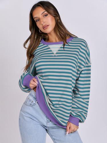 ANRABESS Women’s Striped Oversized Sweatshirts Crew Neck Long Sleeve Shirts Soft Color Block Pullover Top Fashion Clothing Green Grey Large — view 3
