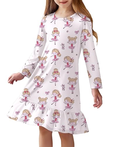 Arshiner Girls' Sleepwear Long Sleeve Cute Nightgown Nightie Pajama Dress White Little Ballerina 7-8 Years