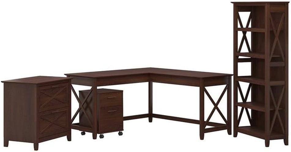 Scranton & Co Key West Office Set, 60W L Shaped Desk, Bookcase & File Cabinets, Durable Wood, Washed Gray/Bing Cherry/White Oak Finish, Home Office Furniture for Storage & Organization