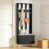 HYGRAD BUILT TO SURVIVE Coat Stand with Shoe Storage - Hallway Unit with 8 Hooks & Storage Bench - Hall Tree Organiser for Entryway with Bench and Cushion Seat - Freestanding Coat Rack (Black)