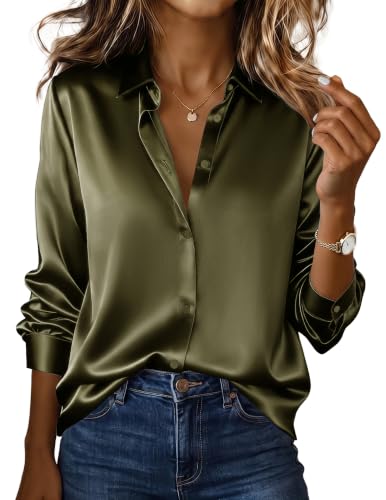 Zeagoo Silk Top Women Blouses V Neck Satin Button Down Shirts Olive Green M