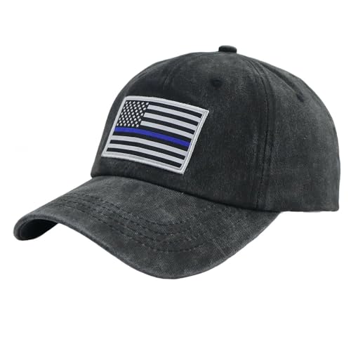 Image of HHNLB Thin Blue Line American Flag Hat, Cotton Adjustable Embroidered Police Baseball Cap for Men Women