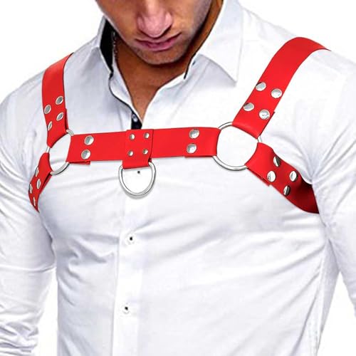 Fstrend Men's Harness Leather Chest Belt Rivets Red Shoulder Strap Fashion Rave Body Accessory3