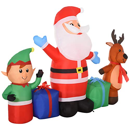 HOMCOM Papá Noel Inflable Decoración Navideña Elfo y Reno con 6 Luces...