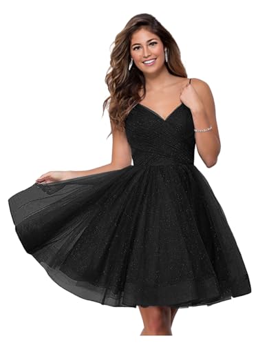 Short V-Neck Tulle Homecoming Dresses Sparkly for Teens Spaghetti Straps Cocktail Dresses WD039