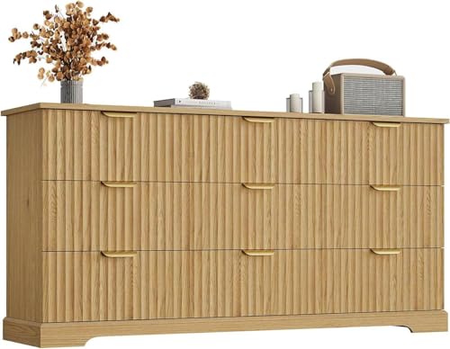 Image of Wooden 9 Drawer Dresser for Bedroom, Fluted Dresser with Storage and Metal Handle, Modern Chest of Drawers for Living Room, Entryway, Natural Oak