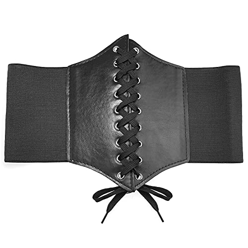 DTWAWA Black Corset Belts for Women, Wide Elastic Tied Leather Waspie Waist Belt for Girls Dresses3