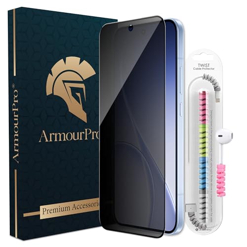Image of ArmourPro Privacy Tempered Glass for Oppo Reno 15, Anti Spy Anti Peeping Screen Protector, Edge-to-Edge Full Coverage, 9H Hardness with Cable Protector | Black