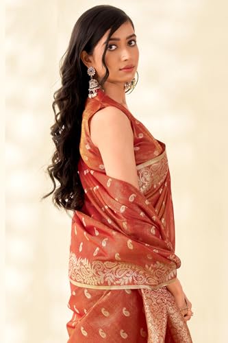 Image of SWORNOF Gold-Toned Woven Design Silk Zari Tissue Saree | Saree for Women | Soft and Skin Friendly