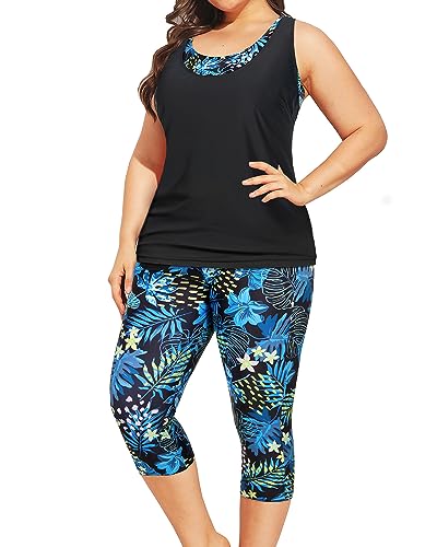 Yonique 3 Piece Plus Size Swimsuits For Women Tankini Tops With Sports Bra And Swim Capris Athletic Bathing Suits Blue & Yellow Floral Print 02 18 Plus #TOP29