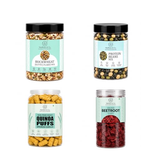Image of WellNuts & Co. Healthy Snack Combo Pack of 4 |Buckwheat Flakes Mix - 200g, Protein Beans - 200g, Quinoa Puffs Smoked Garlic - 200g, Salted Beetroot Chips - 150g| Roasted & Ready to Eat Snacks | High Protein & High Fiber Combo | Snacks for Healthy Everyday