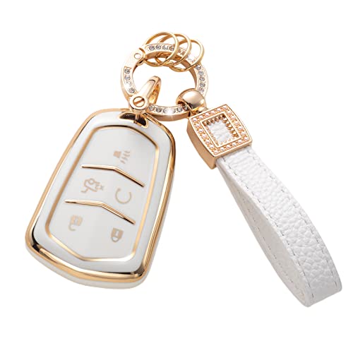 CACARLIKE Cadillac Key Fob Cover with Leather Lanyard, TPU Case for Cadillac Escalade CTS SRX XT5 ATS CT6 5 Buttons Smart Key Protector, SUV & Passenger Car Keychain