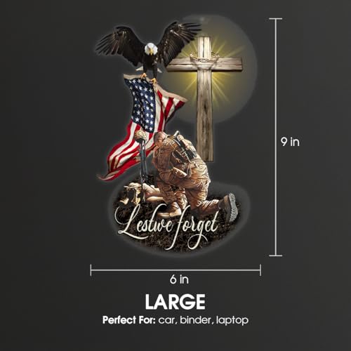 Image of Veteran American Flag with Eagle and Jesus Cross Lost We Forget Car Window Decals, Meaningful Gift for American Veterans, Transparent Car Vinyl Decal Sticker for Car Windows (6x9 inches)