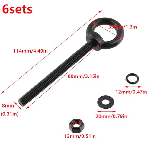 Image of Antrader Lifting Shoulder Eye Bolts,M8 x 80mm,Stainless Steel,Black,6 Sets | Machinery Shoulder Lifting Eye Bolt with Lock Nuts,Lock Washers,Flat Washers