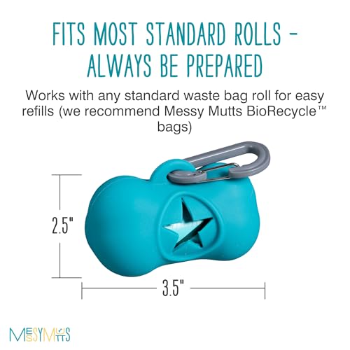 Image of Messy Mutts Silicone Dog Waste Bag Holder | Dog Poop Bag Dispenser with Carabiner and Bags | Unscented Roll Included - 15 bags | Leash Essential | (Blue)