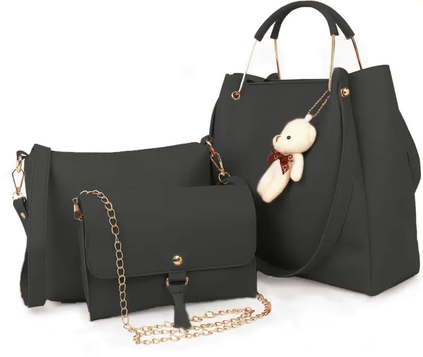 Image of DANIEL CLARK Women's 3 Pcs Handbag Set - Large Tote Shoulder Bag with Sling Bag & Crossbody Purse, PU Leather Stylish Ladies Handbag Combo with Teddy Charm for Office, Travel & Daily Use