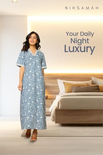 Image of NIHSAMAH Cotton Nighty for Women - Embroidered & Printed Stylish Night Gown, Comfortable Sleepwear Long Nightwear, Maxi